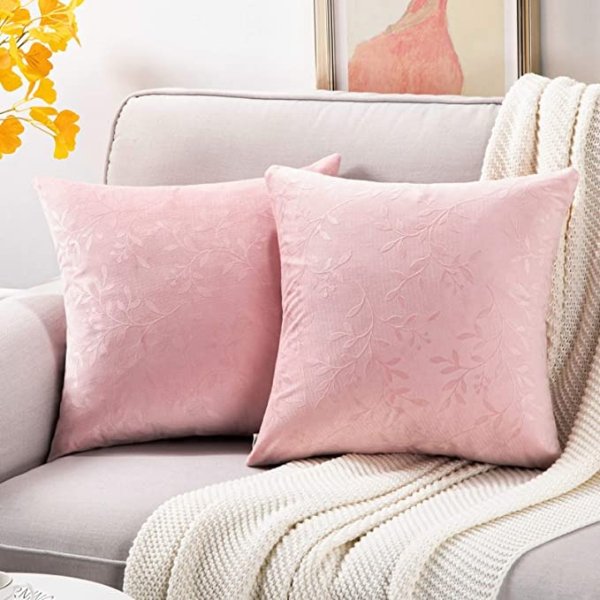Topfinel Square Decorative Embossing Velvet Throw Pillow Covers for Couch Sofa Chair Embossed Branches and Leaves Texture Shape Cushion Cover 16 x 16 inches 40 x 40 cm, Set of 2, Pink