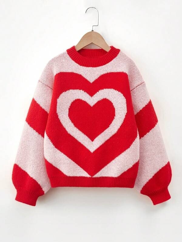 Tween Girl Heart Pattern Lantern Sleeve Sweater