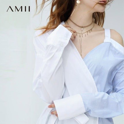 【自营】Amii极简小心机V领露肩连衣裙新款不规则落肩袖棉连衣裙