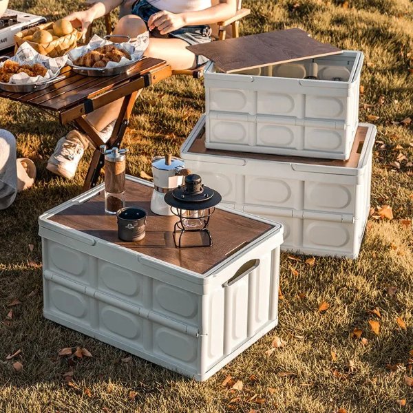 Temu 1pc Outdoor Camping Storage Box Foldable Car Trunk Storage Box  Multifunctional Fishing Picnic Box With Wooden Lid, Buy More, Save More