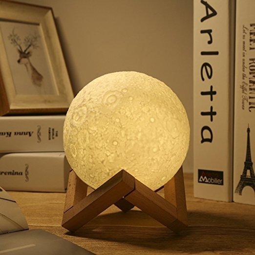 LED Lunar Moon Night Light Lamp, Greenclick 3D Luna Lamp Brings The Moon In My Room Smart Touch Control Moon Lantern Rechargeable Home Decorative Hanging Light With Wood Holder, Diameter 5.1 In