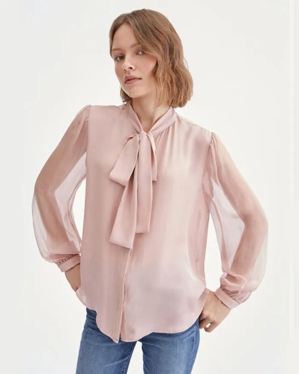 Bow Tie Neck Blouse in Smokey Rose