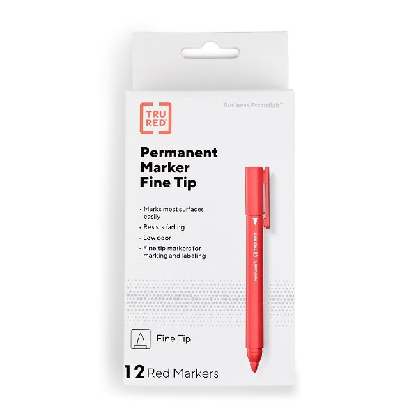 TRU RED™ Pen Permanent Markers, Fine Tip, Red, 12/Pack