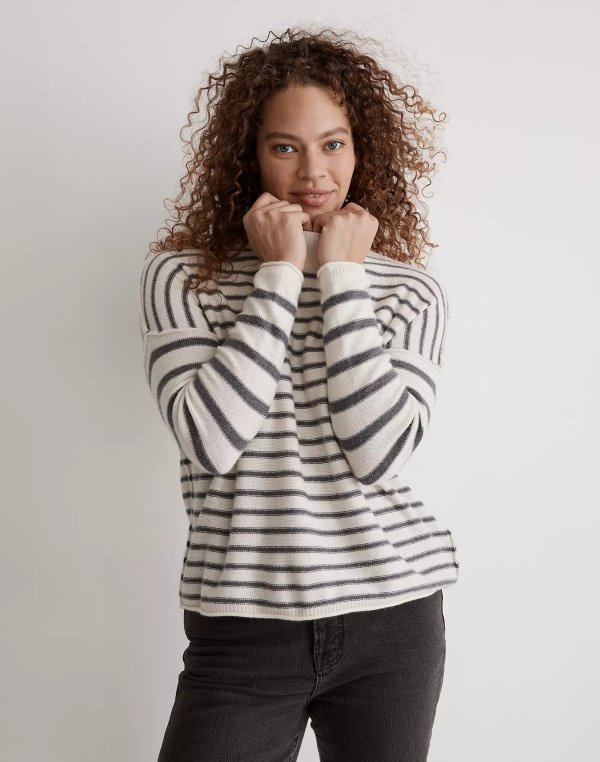 Stripe-Play Mockneck Pullover Sweater