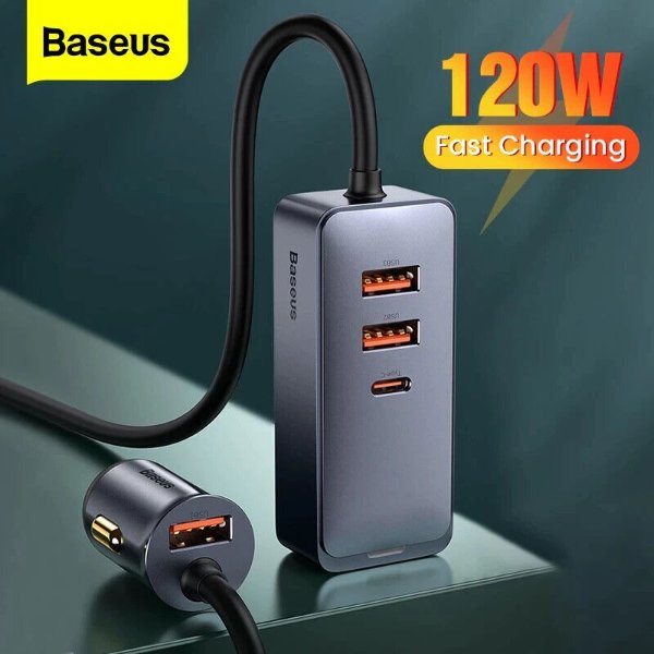 120W Car Charger USB Type-C PPS Fast Charging 4 Ports Cable Adapter Kit
