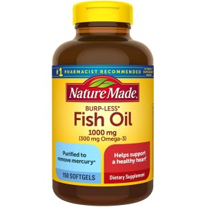 Nature Made Burp-Less Fish Oil 1000 mg with 300 mg Omega-3, Dietary Supplement for Healthy Heart Support, 150 Softgels