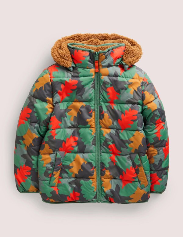 Autumn Leaf Reversible Teddy Puffer Jacket - Rosemary Autumn Leaf Camo | Boden US