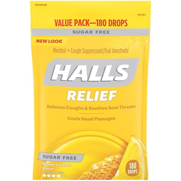 HALLS Sugar Free Honey Lemon Flavor Cough Drops, 1 Bag (180 Total Drops)