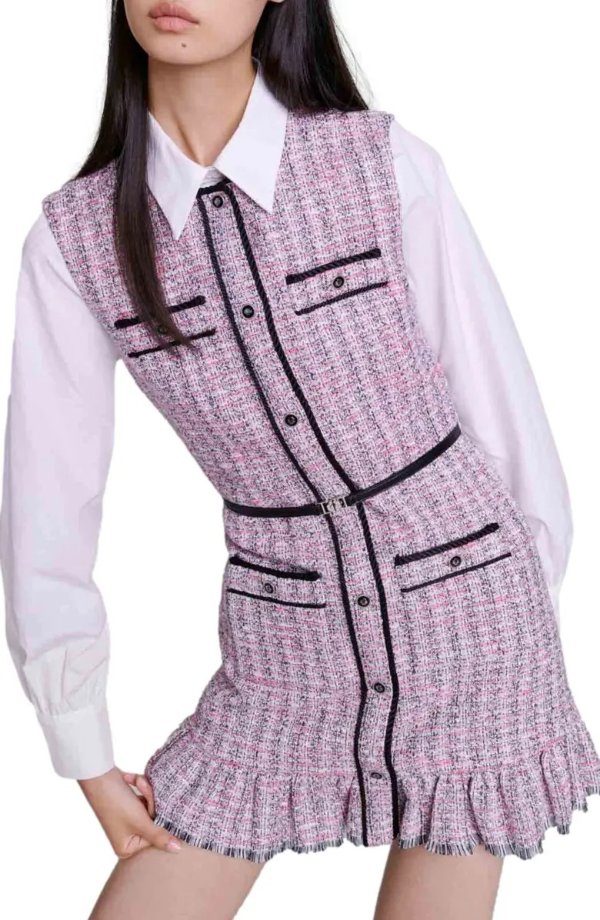 Ratri Belted Long Sleeve Tweed Minidress
