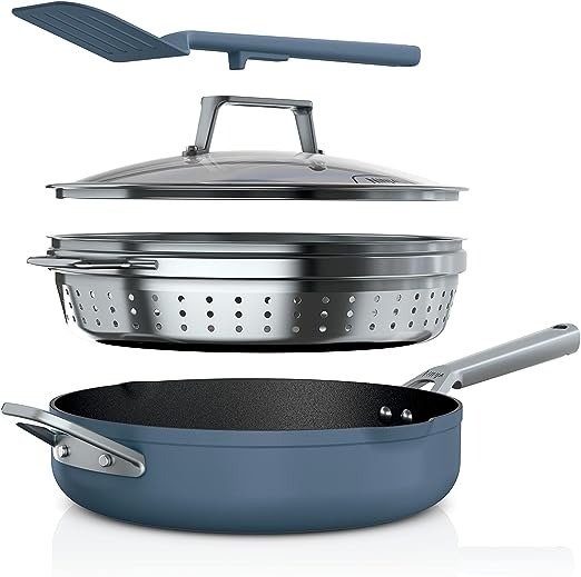 CW102BL Foodi NeverStick PossiblePan, Premium Set with 4-Quart Capacity Pan, Steamer/Strainer Basket, Glass Lid & Integrated Spatula, Nonstick, Durable & Oven Safe to 500°F, Macaron Blue