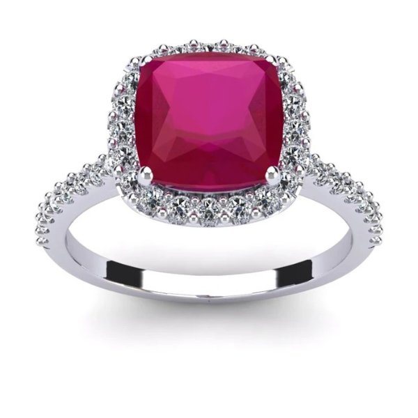 3 1/2 Carat Cushion Cut Ruby and Halo Diamond Ring In 14K White Gold