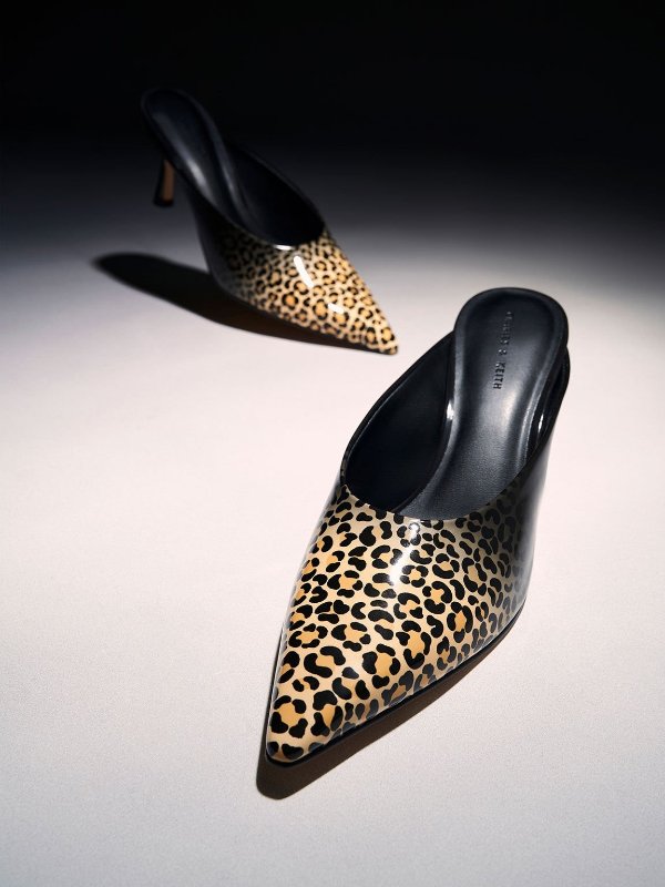 Multicoloured Patent Leopard Print Spool Heel Mules | CHARLES & KEITH