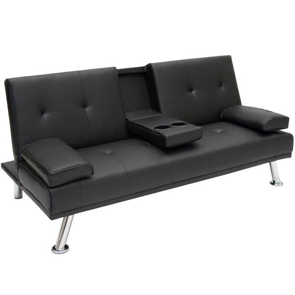 Faux Leather Convertible Futon w/ 2 Cup Holders - Black