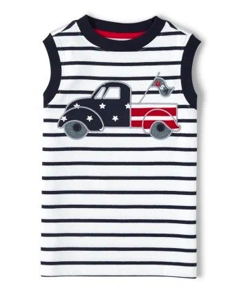 Boys Sleeveless Embroidered Applique Truck Striped Tank Top - American Cutie