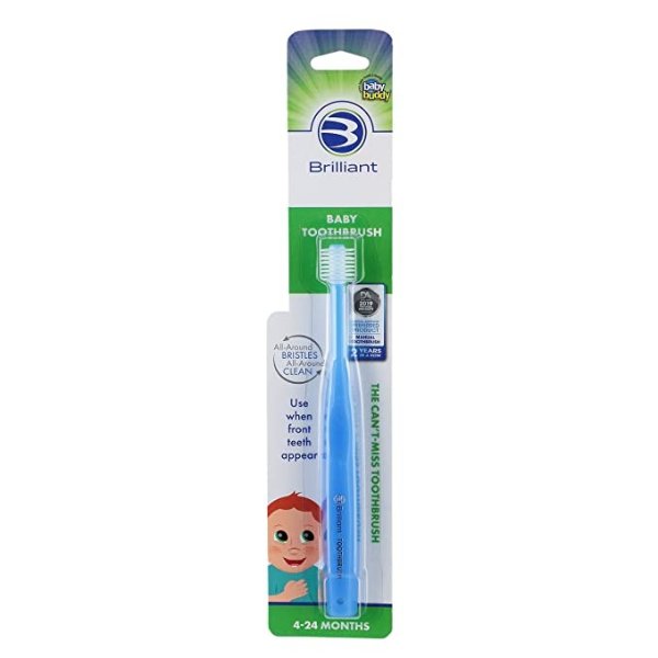 Brilliant Baby Toothbrush by Baby Buddy - for Ages 4-24 Months, BPA Free Super-Fine Micro Bristles Clean All-Around Mouth, Kids Love Them, Blue, 1 Count
