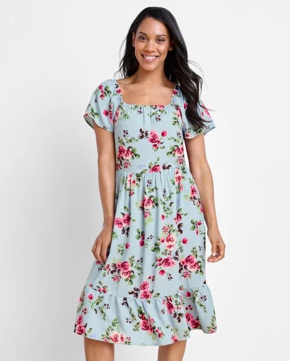 Womens Mommy And Me Floral Tiered Dress - smoky blue
