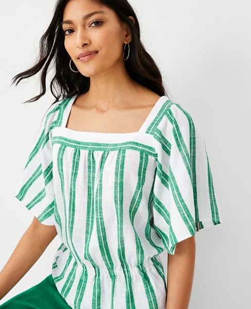 Striped Square Neck Cinched Waist Top | Ann Taylor