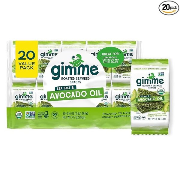 gimMe Organic Roasted Seaweed Sheets - Sea Salt & Avocado Oil - 20 Count - Keto, Vegan, Gluten Free - Great Source of Iodine and Omega 3’s - Healthy On-The-Go Snack for Kids & Adults