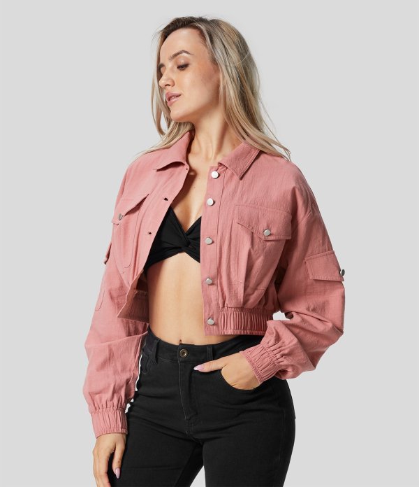 Women’s Collared Flap Pocket Snap Button Front Solid Cropped Casual Cargo Cotton Jacket - Halara