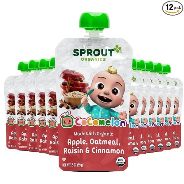 CoComelon Sprout Organic Baby Food Pouches, Apple Oatmeal Raisin with Cinnamon, 3.5 Oz Purees (Pack of 12)