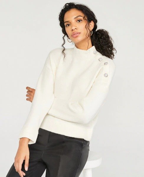 Jeweled Button Mock Neck Sweater | Ann Taylor