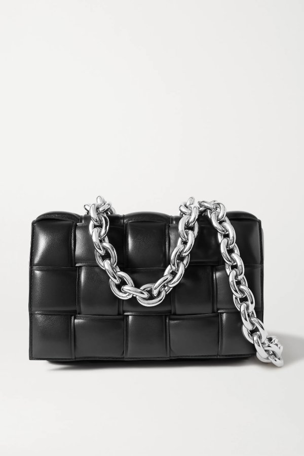 Cassette chain-embellished padded intrecciato leather shoulder bag
