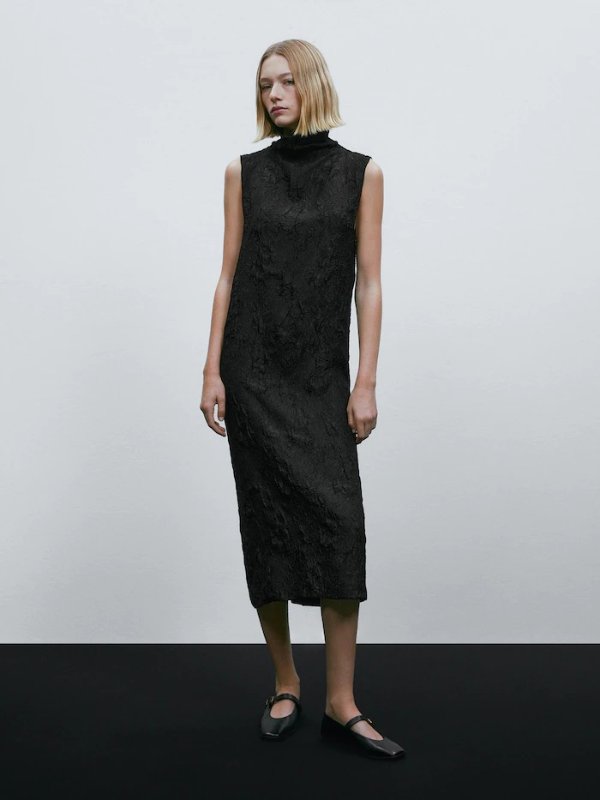 Black jacquard midi dress - Massimo Dutti