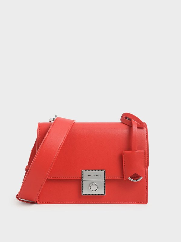 Red Boxy Push Lock Crossbody Bag