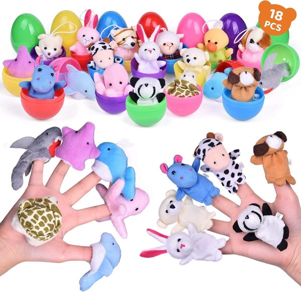 FUN LITTLE TOYS 18PCS Easter Eggs with Mini Plush Animals Finger Puppets & Pendants, Easter Toys for Party Favors, Easter Basket Stuffers, Easter Egg Fillers