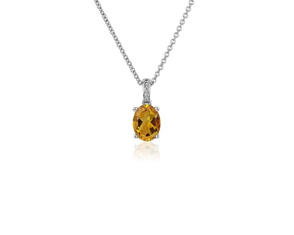 Oval Citrine and Diamond Pendant in 14k White Gold (8x6mm)