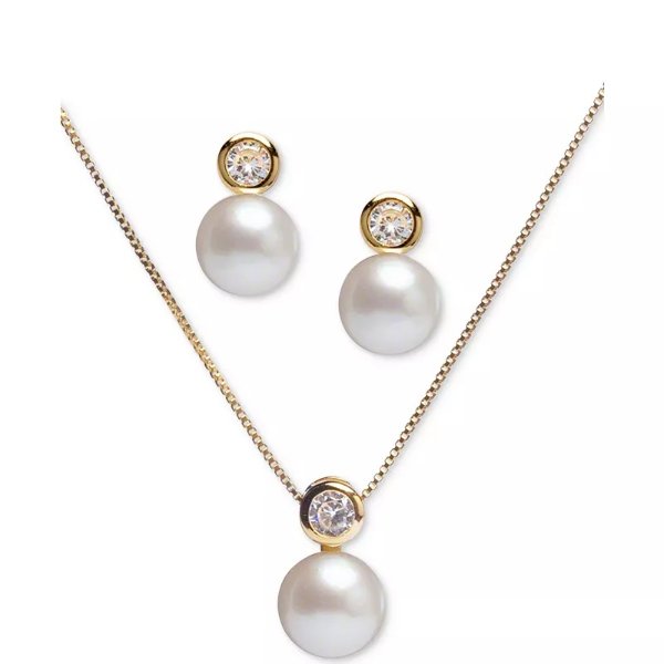 2-Pc. Set Cultured Freshwater Pearl (8mm) & Cubic Zirconia 18" Pendant Necklace and Stud Earrings Set in 18k Gold-Plated Sterling Silver