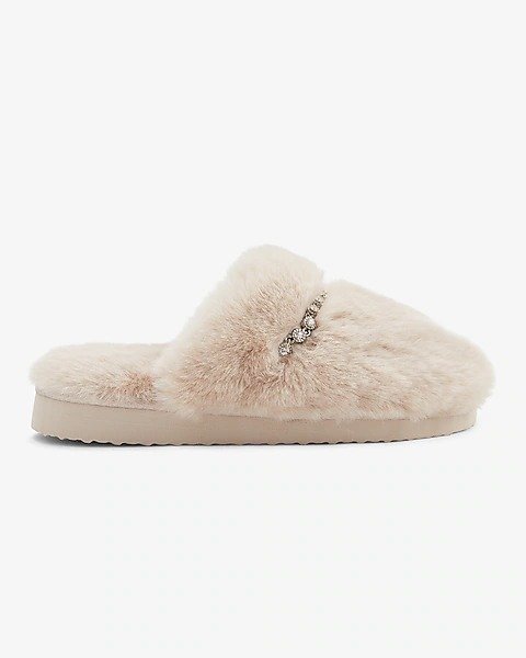 Faux Fur Rhinestone Embellished Slippers
