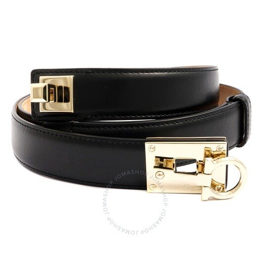 Black Smooth Calfskin Leather Adjustable Gancini Studio Belt, Size 75 CM