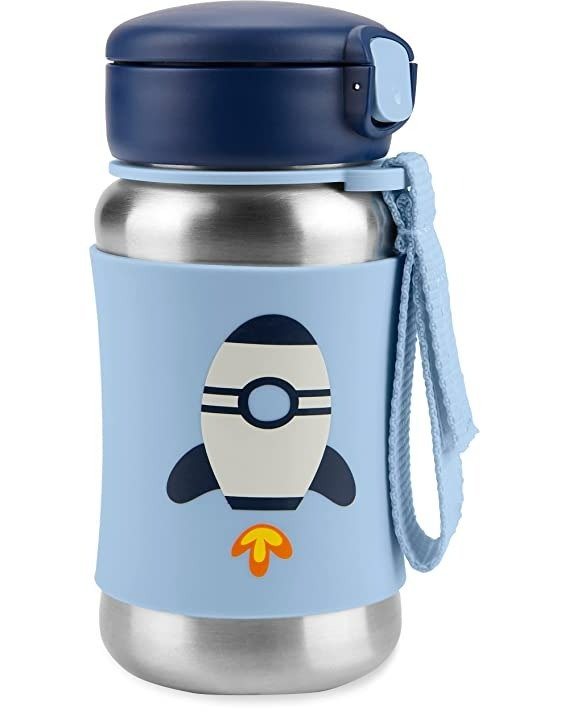 Skip Hop Toddler Sippy Cup with Straw, Sparks Stainless Steel Straw Bottle, Rocket