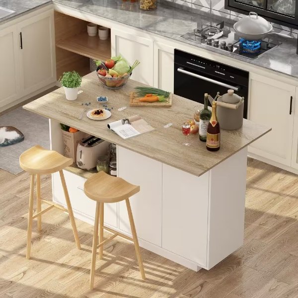 White/Oak Wood 59.1 in. W Kitchen Island Dining Table With Adjustable Shelves and Drawer
