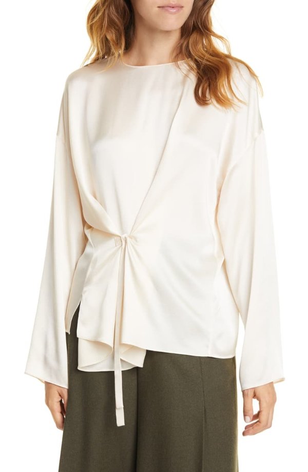 Knot Front Long Sleeve Silk Blouse