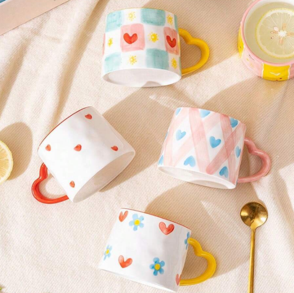 300ml Cute INS Style Ceramic Mug Creative Hand-Painted Love Heart Coffee Cup Couples Cup Breakfast Milk Tea Mug Valentine's Day Gift