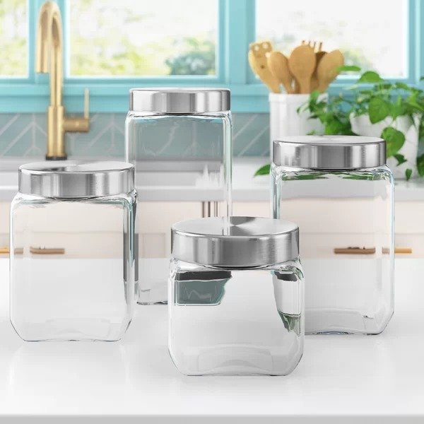 4 Piece Screw Top Glass Kitchen Canister Set4 Piece Screw Top Glass Kitchen Canister SetRatings & ReviewsCustomer PhotosQuestions & AnswersShipping & ReturnsMore to Explore