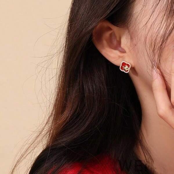 1pair New Year Style Dragon Zodiac & Birth Year Earrings, Chinese Red Ear Studs For Women'S Autumn/Winter Outfits Or Birthday Gifts, Traditional Chinese Style