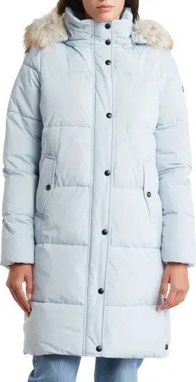 Nylon Puffer Jacket with Faux Fur Trim