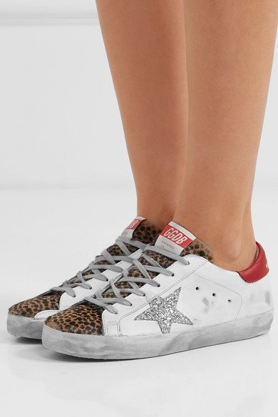 Superstar glittered distressed leather and leopard-print calf-hair sneakers