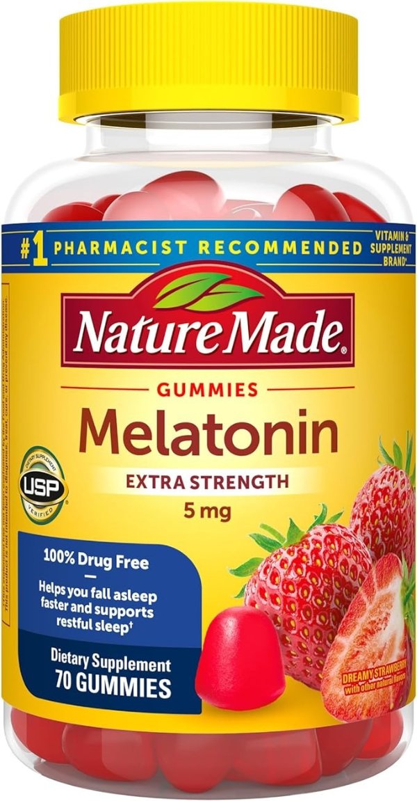 Melatonin 5mg Extra Strength Gummies, 100% Drug Free Sleep Aid for Adults, 70 Melatonin Gummies, 70 Day Supply