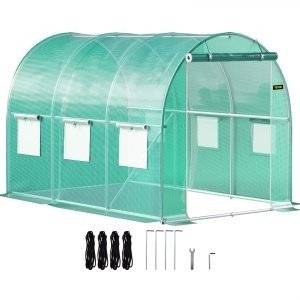 VEVOR Walk-in Tunnel Greenhouse, 10 x 7 x 7 ft Portable Plant Hot House w/ Galvanized Steel Hoops, 1 Top Beam, Diagonal Poles, Zippered Door & 6 Roll-up Windows, Green | VEVOR US