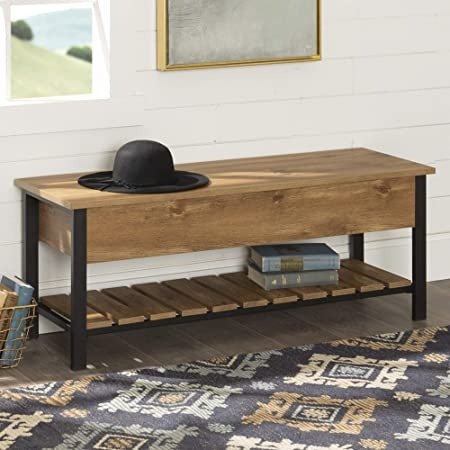 Julian Rustic Farmhouse Lift Top Entry Bench with Bottom Rack, 48 Inch - Barnwood Brown