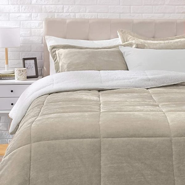 Ultra-Soft Micromink Sherpa Comforter Bed Set, Full or Queen, Taupe - 3-Piece