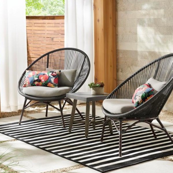 Dark Gray 3-Piece Steel Papasan Rope Outdoor Patio Conversation Seating Set with Gray Cushion