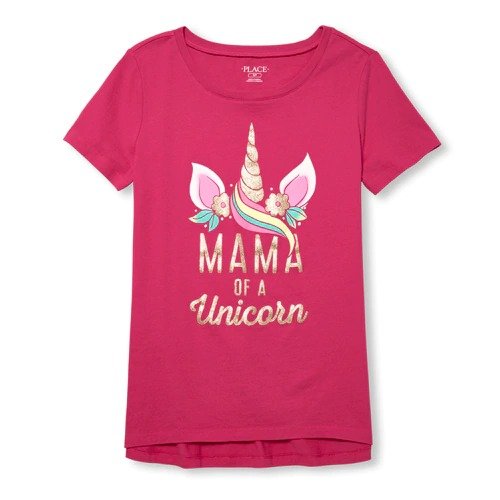 Womens Mommy And Me Short Sleeve Glitter 'Mama Of A Unicorn' Matching Graphic Tee