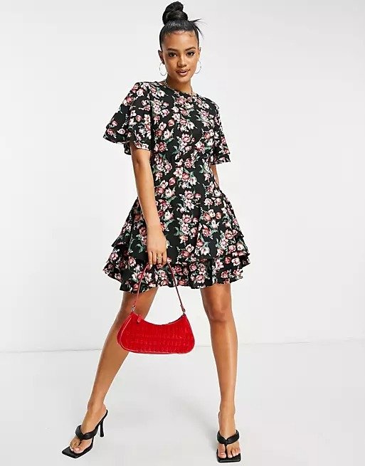 tiered ruffle mini dress in floral | ASOS