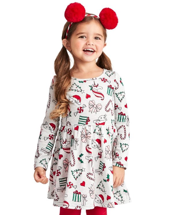 Baby And Toddler Girls Long Sleeve Christmas Print Knit Skater Dress