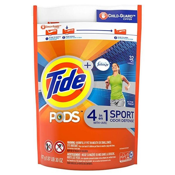 Pods Plus Febreze Sport Odor Defense Laundry Pacs, Active Fresh, 32 Count